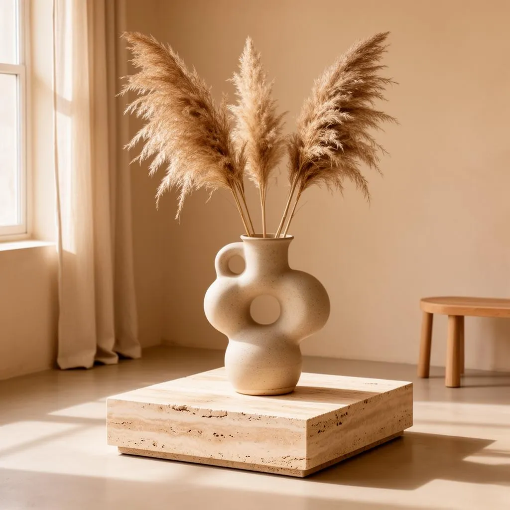 Ceramic vase on travertine plinth