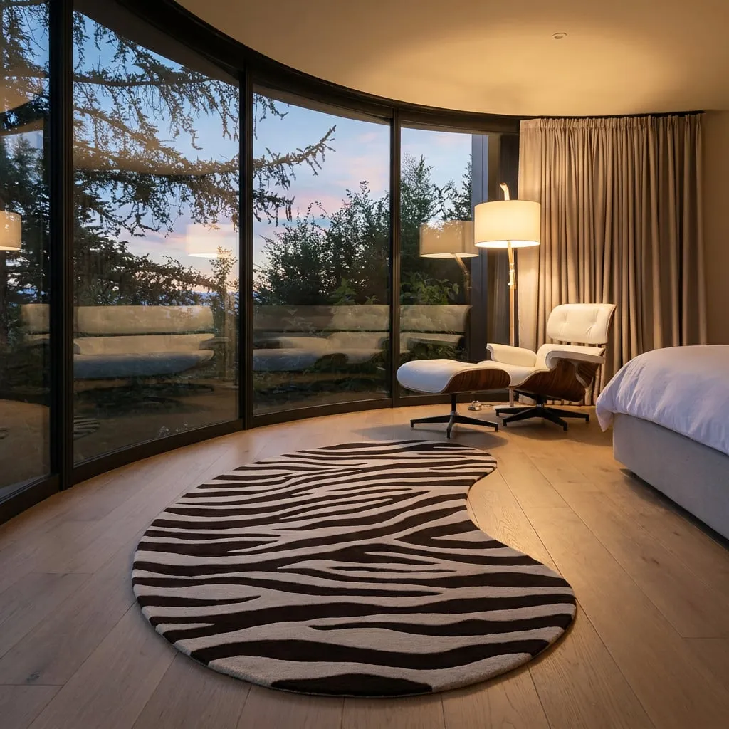 Zebra rug in suite with curved window